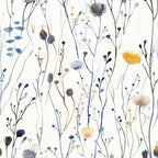 wildflowers, meadow pattern, botanical design, hand drawn, watercolor style, navy blue, sage green, coral pink, golden yellow, delicate stems, floral motifs, nature inspired, whimsical flowers, organic shapes,, fabric panel, soft pastels, artistic brushstrokes, garden blooms, contemporary floral