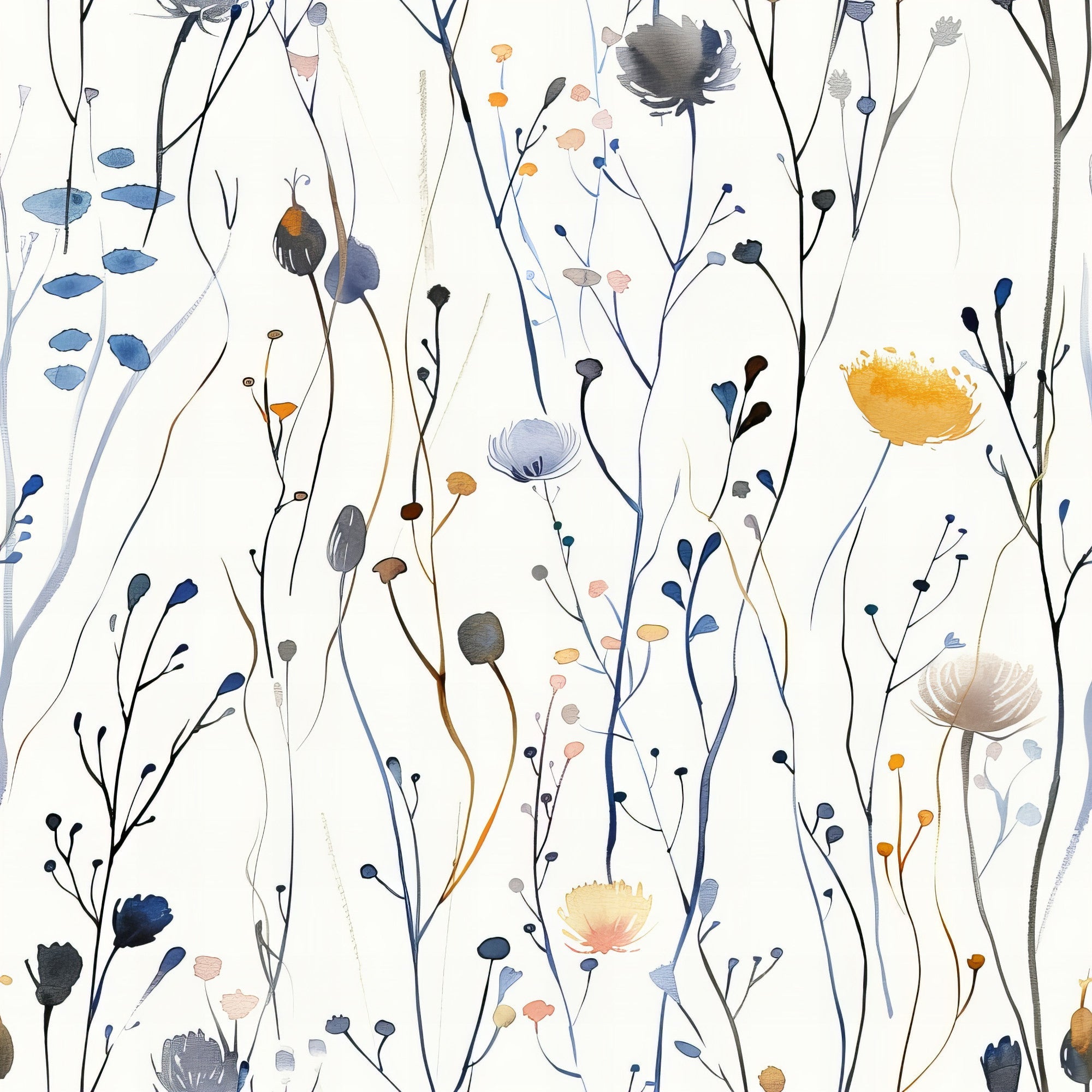 wildflowers, meadow pattern, botanical design, hand drawn, watercolor style, navy blue, sage green, coral pink, golden yellow, delicate stems, floral motifs, nature inspired, whimsical flowers, organic shapes,, fabric panel, soft pastels, artistic brushstrokes, garden blooms, contemporary floral