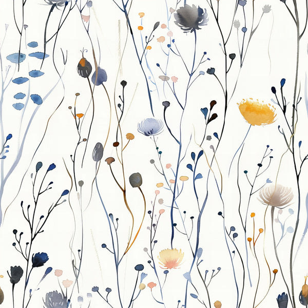 wildflowers, meadow pattern, botanical design, hand drawn, watercolor style, navy blue, sage green, coral pink, golden yellow, delicate stems, floral motifs, nature inspired, whimsical flowers, organic shapes,, fabric panel, soft pastels, artistic brushstrokes, garden blooms, contemporary floral