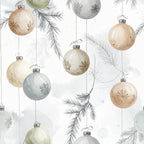 cream, beige, tan, taupe, sage green, dusty blue, soft gray, watercolor, botanical, evergreen branches, pine needles, ornaments, holiday, christmas, winter, elegant, rustic, vintage, whimsical, nature-inspired, festive, hand-painted style, delicate, soft, neutral tones, nursery, baby, seasonal decor, traditional christmas