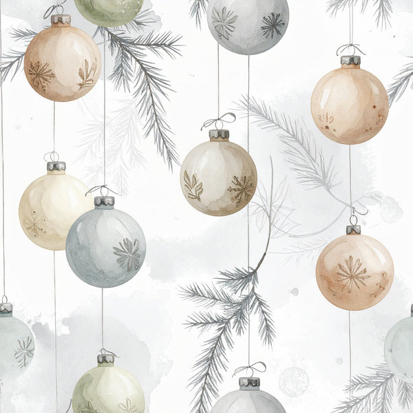 cream, beige, tan, taupe, sage green, dusty blue, soft gray, watercolor, botanical, evergreen branches, pine needles, ornaments, holiday, christmas, winter, elegant, rustic, vintage, whimsical, nature-inspired, festive, hand-painted style, delicate, soft, neutral tones, nursery, baby, seasonal decor, traditional christmas