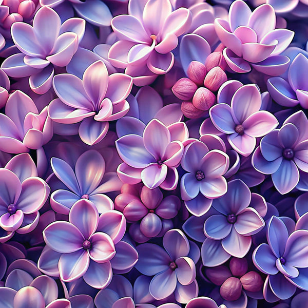 purple flowers, pink blossoms, lilac petals, magenta hues, lavender tones, realistic florals, botanical pattern, clustered blooms, flower buds, nature design,, fabric panel, spring motif, garden theme, detailed petals, floral arrangement, vibrant colors, seamless pattern, botanical illustration, dense florals