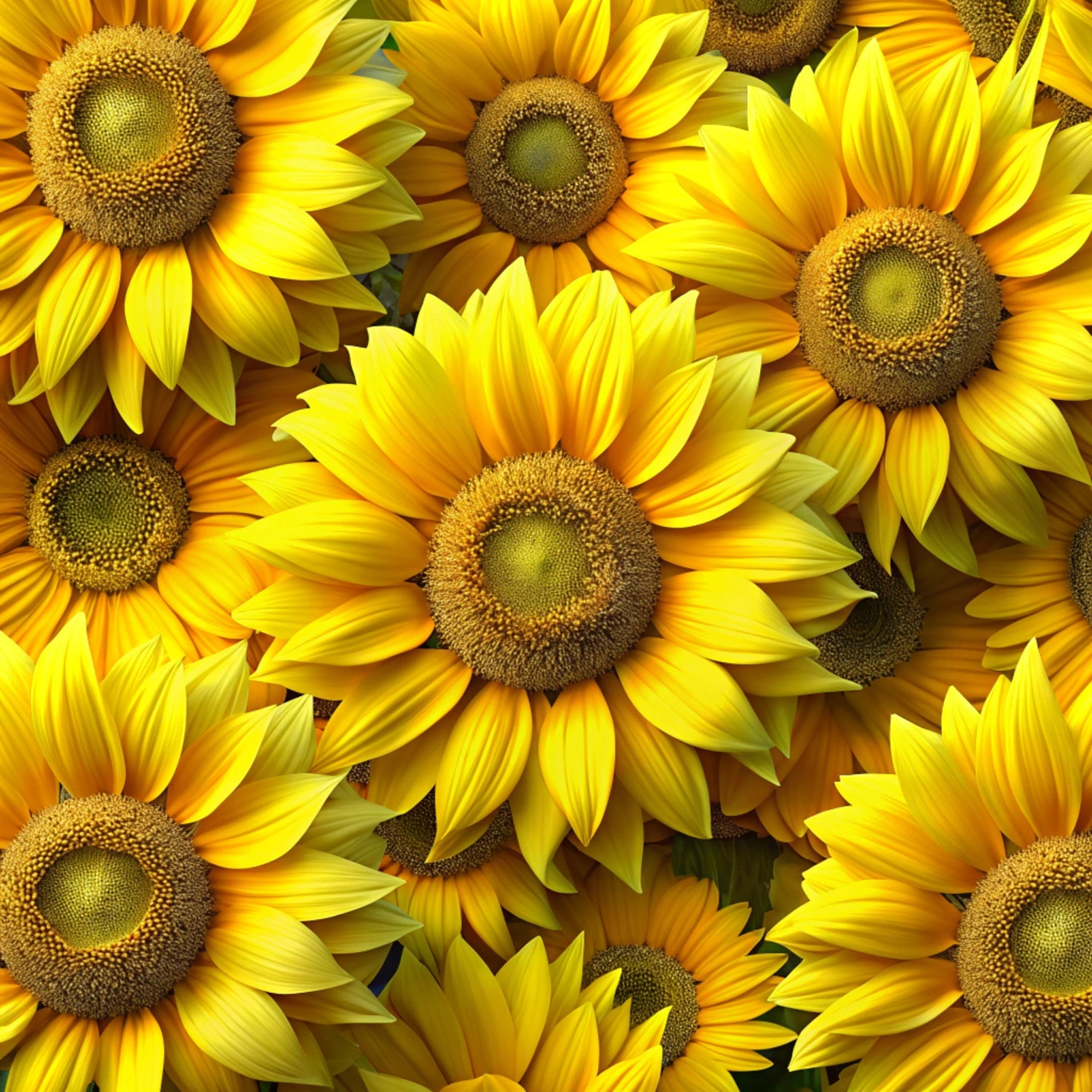 golden yellow, bright yellow, amber, sunflowers, realistic flowers, floral pattern, botanical design, nature motif, summer blooms, overlapping flowers, detailed petals, brown centers, seed heads,, fabric panel, vibrant colors, cheerful mood, densely packed, photorealistic style, garden flowers