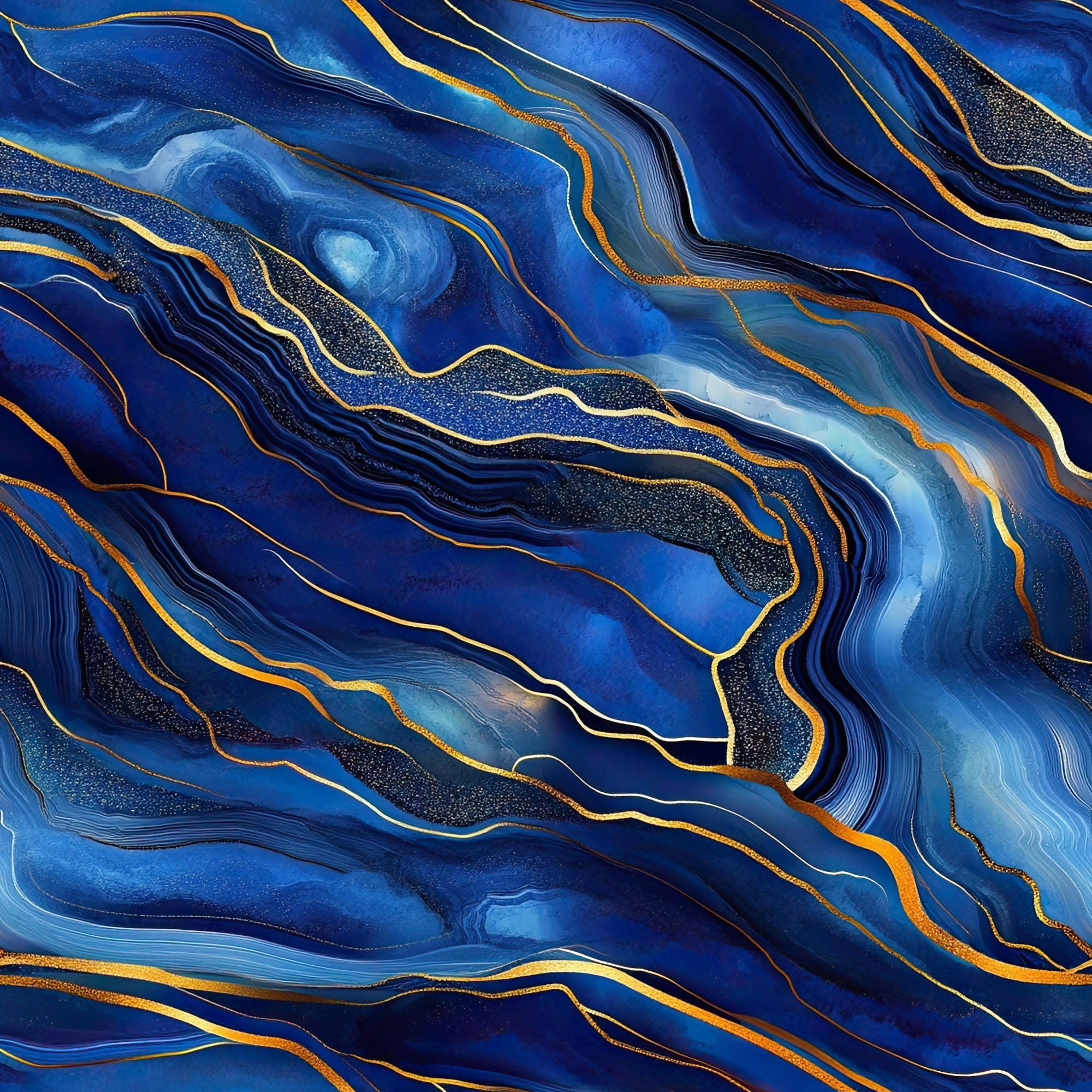 royal blue, deep blue, navy blue, gold, metallic gold, orange accents, agate pattern, marble effect, swirling lines, fluid design, geode inspired, mineral pattern, abstract design, luxurious, elegant, flowing curves,, fabric panel, sophisticated, natural stone