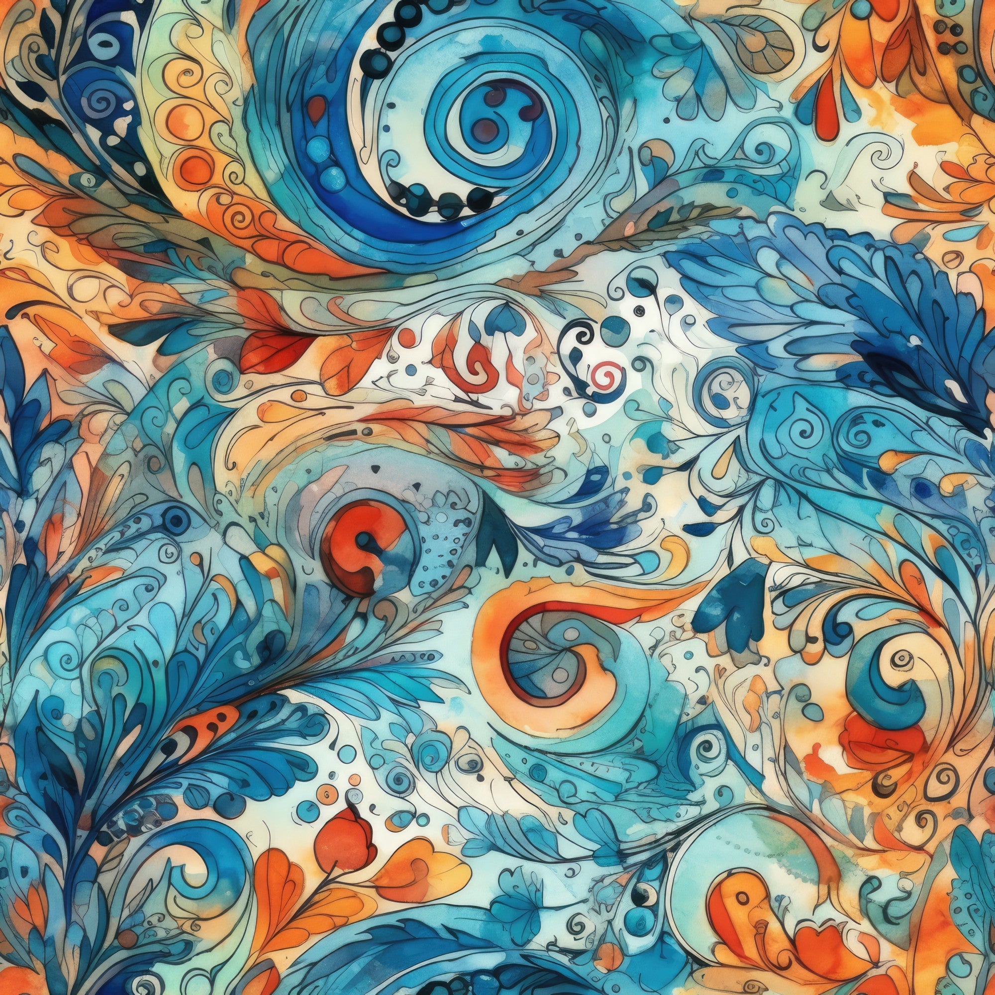 turquoise, orange, cream, navy blue, swirling patterns, spiral motifs, flowing design, abstract art, liquid movement, ornamental swirls, decorative flourishes, ocean waves, water elements, artistic whirls, contemporary style,, fabric panel, seamless pattern, fluid motion, bohemian aesthetic