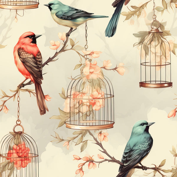 vintage birdcages, coral birds, teal birds, peach flowers, cream background, botanical branches, decorative cages, songbirds, floral motifs,, fabric panel, nature pattern, soft pastels, whimsical design, garden theme, bird illustration, delicate artwork, romantic style, cotton fabric, repeating pattern