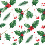 holly, red berries, evergreen, forest green, bright red, christmas, holiday, festive, winter, nature, botanical, traditional, elegant, rustic, classic, red and green, pine needles, holly leaves, seasonal, decorative, timeless, cottage style, natural, watercolor, painted, berry motifs, leaf pattern, scattered design, festive decor, holiday themed
