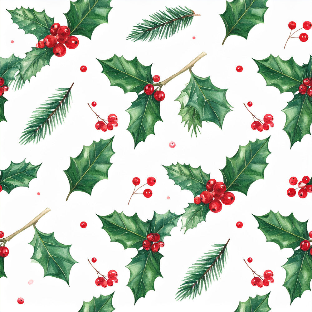 holly, red berries, evergreen, forest green, bright red, christmas, holiday, festive, winter, nature, botanical, traditional, elegant, rustic, classic, red and green, pine needles, holly leaves, seasonal, decorative, timeless, cottage style, natural, watercolor, painted, berry motifs, leaf pattern, scattered design, festive decor, holiday themed