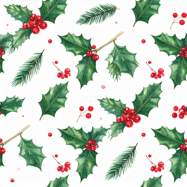 holly, red berries, evergreen, forest green, bright red, christmas, holiday, festive, winter, nature, botanical, traditional, elegant, rustic, classic, red and green, pine needles, holly leaves, seasonal, decorative, timeless, cottage style, natural, watercolor, painted, berry motifs, leaf pattern, scattered design, festive decor, holiday themed