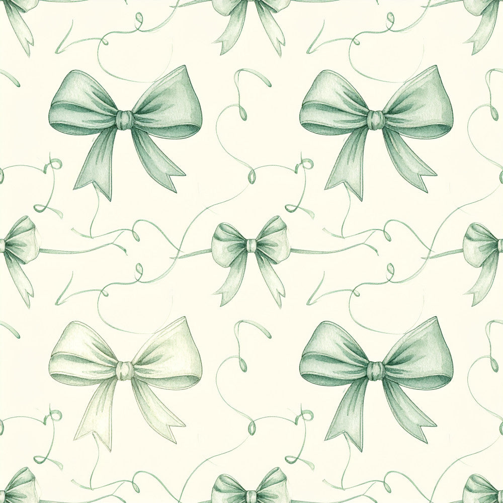 sage green, mint green, dusty green, cream, ivory, bows, ribbons, vines, tendrils, botanical, nature, elegant, whimsical, vintage, traditional, romantic, spring, garden, floral, delicate, feminine, nursery, baby shower, kids room, playroom, gift fabric, soft aesthetic, cottage core, classic bows, decorative ribbons