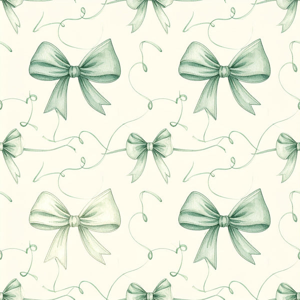 sage green, mint green, dusty green, cream, ivory, bows, ribbons, vines, tendrils, botanical, nature, elegant, whimsical, vintage, traditional, romantic, spring, garden, floral, delicate, feminine, nursery, baby shower, kids room, playroom, gift fabric, soft aesthetic, cottage core, classic bows, decorative ribbons