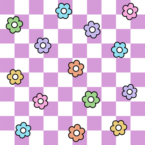 flower, floral, checkered, checkerboard, pastel, lavender, lilac, soft purple, light pink, pale pink, coral pink, sky blue, light blue, pale green, soft green, yellow, golden yellow, whimsical, playful, cheerful, bright, colorful, multi-color, spring, summer, kids, children, nursery, playroom, baby