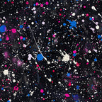 black background, paint splatter, glitter effect, hot pink, electric blue, white dots, purple accents, abstract pattern, cosmic design, space theme, splashes, drips, scattered dots,, fabric panel, modern art style, energetic, vibrant colors, contemporary pattern, artistic splatters