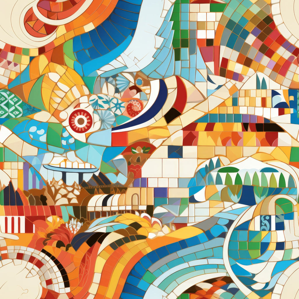 orange, blue, green, red, yellow, turquoise, mosaic tiles, geometric patterns, abstract swirls, curved lines, checkered squares, pixelated blocks, contemporary art, modern design, vibrant colors, flowing ribbons, digital art style,, fabric panel, colorful patchwork