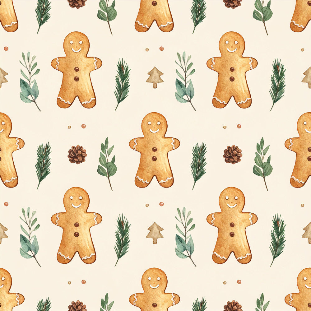 gingerbread men, holiday, christmas, festive, winter, cream, tan, golden brown, sage green, evergreen, pinecones, holly leaves, rosemary sprigs, whimsical, playful, cheerful, children, kids, nursery, playroom, rustic, traditional, festive cheer, baking theme, cookie decorations, hand-painted, watercolor, seasonal, december, yuletide
