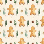 gingerbread men, holiday, christmas, festive, winter, cream, tan, golden brown, sage green, evergreen, pinecones, holly leaves, rosemary sprigs, whimsical, playful, cheerful, children, kids, nursery, playroom, rustic, traditional, festive cheer, baking theme, cookie decorations, hand-painted, watercolor, seasonal, december, yuletide