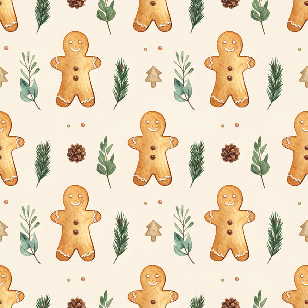 gingerbread men, holiday, christmas, festive, winter, cream, tan, golden brown, sage green, evergreen, pinecones, holly leaves, rosemary sprigs, whimsical, playful, cheerful, children, kids, nursery, playroom, rustic, traditional, festive cheer, baking theme, cookie decorations, hand-painted, watercolor, seasonal, december, yuletide