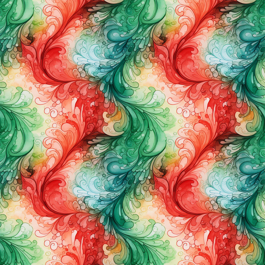 watercolor, christmas swirls, red, green, teal, coral, flowing patterns, decorative scrolls, ornamental flourishes,, fabric panel, holiday themed, festive colors, artistic swirls, botanical motifs, seamless pattern, crafting fabric, seasonal design, vintage style, elegant curves