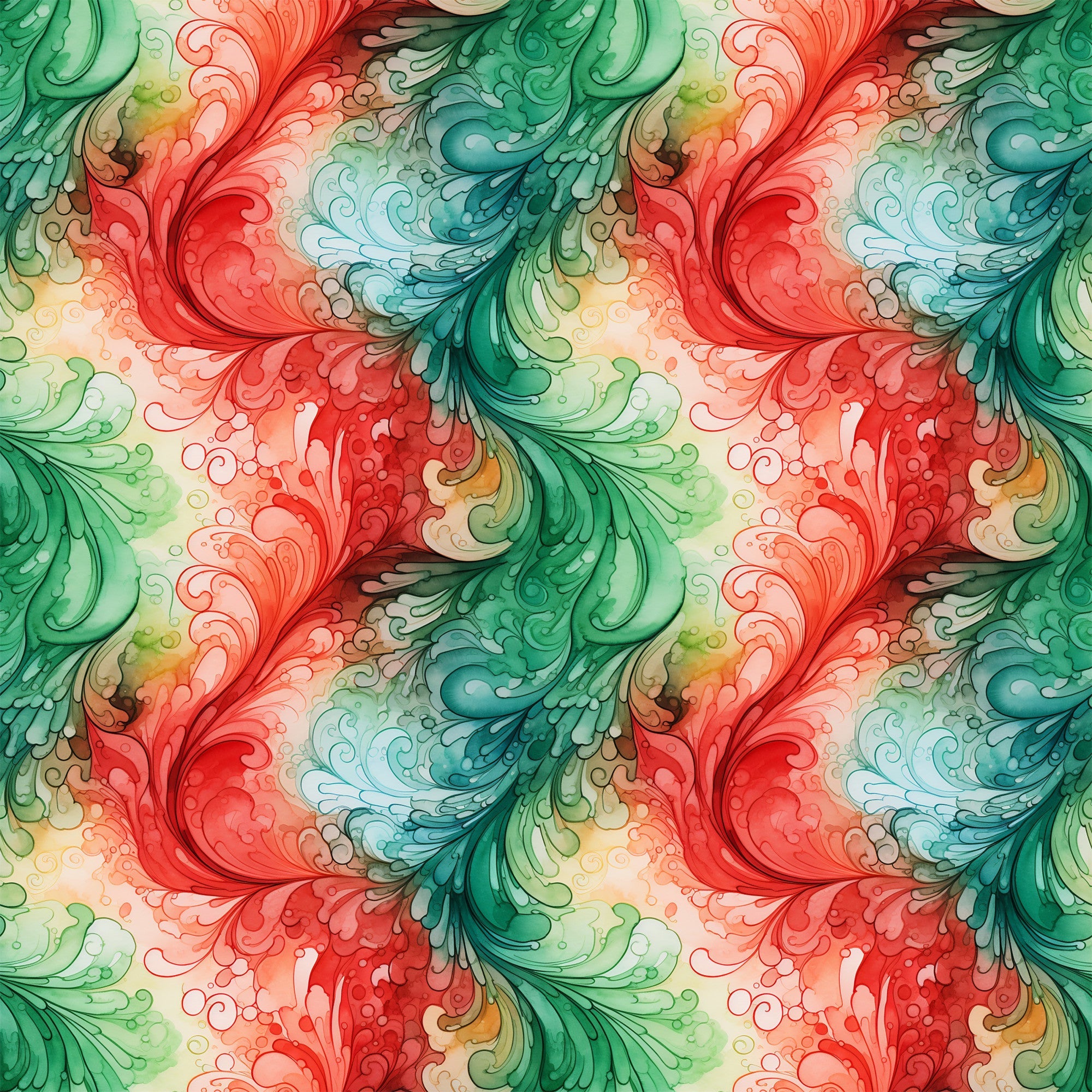 watercolor, christmas swirls, red, green, teal, coral, flowing patterns, decorative scrolls, ornamental flourishes,, fabric panel, holiday themed, festive colors, artistic swirls, botanical motifs, seamless pattern, crafting fabric, seasonal design, vintage style, elegant curves