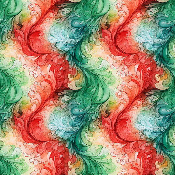 watercolor, christmas swirls, red, green, teal, coral, flowing patterns, decorative scrolls, ornamental flourishes,, fabric panel, holiday themed, festive colors, artistic swirls, botanical motifs, seamless pattern, crafting fabric, seasonal design, vintage style, elegant curves