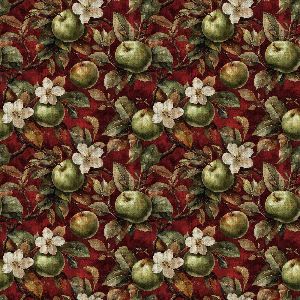 deep burgundy, forest green, cream white, vintage apple print, floral pattern, botanical design, apple orchard, apple blossoms, white flowers, nature theme, farmhouse style, rustic, elegant, traditional, autumn, fall, harvest, countryside, orchard theme, garden, botanical, classic, timeless, home decor, upholstery, heirloom, romantic, cottage core, distressed texture, apple motif