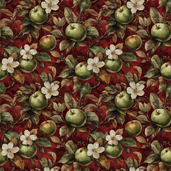 deep burgundy, forest green, cream white, vintage apple print, floral pattern, botanical design, apple orchard, apple blossoms, white flowers, nature theme, farmhouse style, rustic, elegant, traditional, autumn, fall, harvest, countryside, orchard theme, garden, botanical, classic, timeless, home decor, upholstery, heirloom, romantic, cottage core, distressed texture, apple motif