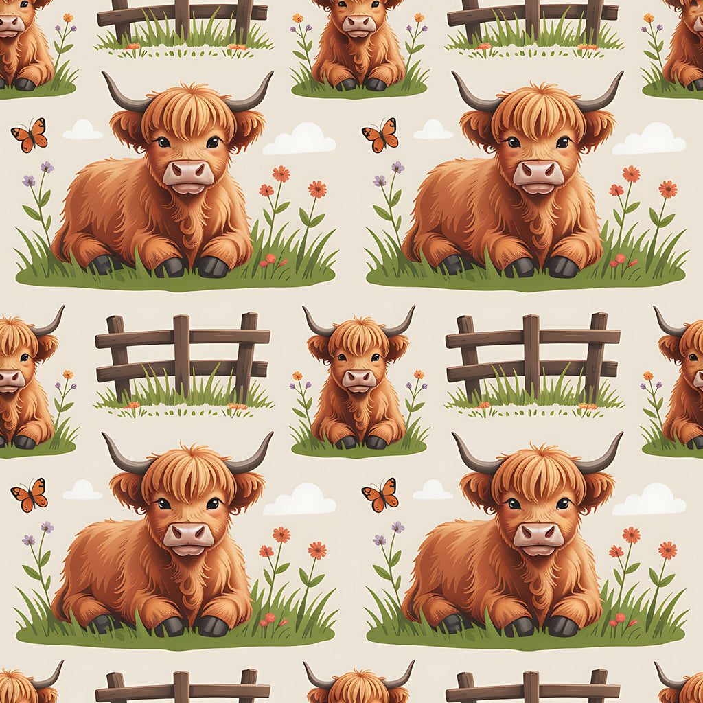 cartoon highland cows, orange fur, brown horns, pastoral scene, wooden fence, green grass, wildflowers, butterflies,, fabric panel, cute animals, farm theme, repeating pattern, children's fabric, soft colors, whimsical style, nature elements, cottage core, baby cows, meadow scene