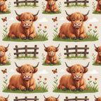 cartoon highland cows, orange fur, brown horns, pastoral scene, wooden fence, green grass, wildflowers, butterflies,, fabric panel, cute animals, farm theme, repeating pattern, children's fabric, soft colors, whimsical style, nature elements, cottage core, baby cows, meadow scene