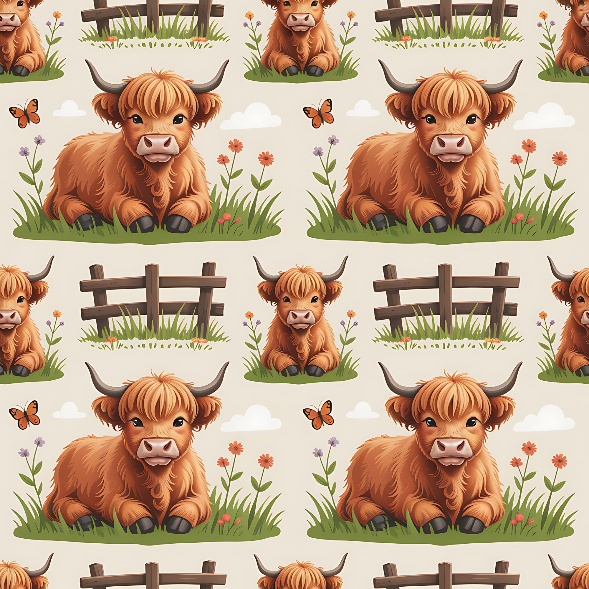 cartoon highland cows, orange fur, brown horns, pastoral scene, wooden fence, green grass, wildflowers, butterflies,, fabric panel, cute animals, farm theme, repeating pattern, children's fabric, soft colors, whimsical style, nature elements, cottage core, baby cows, meadow scene
