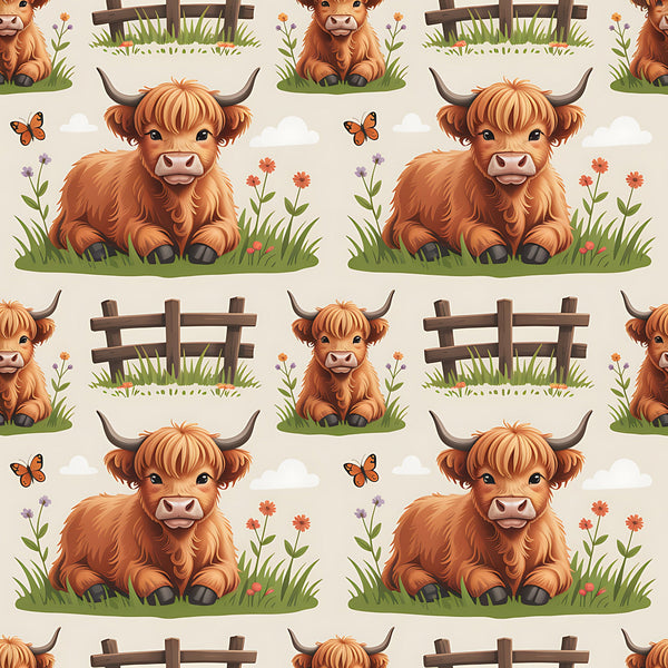 cartoon highland cows, orange fur, brown horns, pastoral scene, wooden fence, green grass, wildflowers, butterflies,, fabric panel, cute animals, farm theme, repeating pattern, children's fabric, soft colors, whimsical style, nature elements, cottage core, baby cows, meadow scene