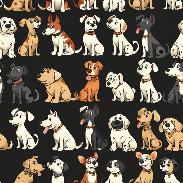 cartoon dogs, mixed dog breeds,, fabric panel, black background, white dogs, brown dogs, tan dogs, gray dogs, orange dogs, spotted dogs, sitting dogs, dog collars, pet pattern, animal illustration, playful design, cute characters, cotton fabric, craft material, sewing fabric