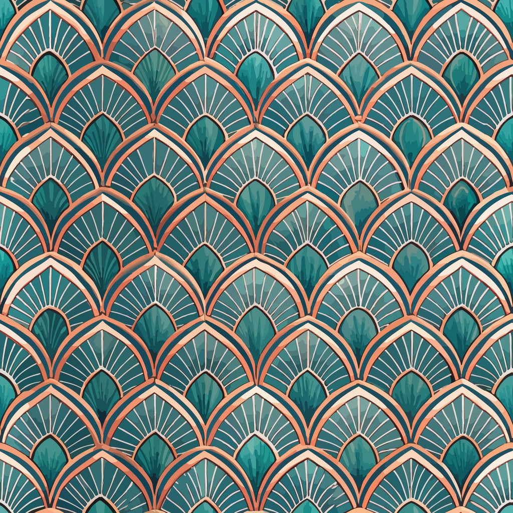 art deco, geometric pattern, fan motifs, scalloped design, teal green, coral orange, peach pink, cream white, repeating pattern, vintage style, ornamental design,, fabric panel, decorative motifs, stylized fans, peacock feathers, sunburst pattern, elegant curves, retro aesthetic