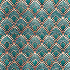 art deco, geometric pattern, fan motifs, scalloped design, teal green, coral orange, peach pink, cream white, repeating pattern, vintage style, ornamental design,, fabric panel, decorative motifs, stylized fans, peacock feathers, sunburst pattern, elegant curves, retro aesthetic