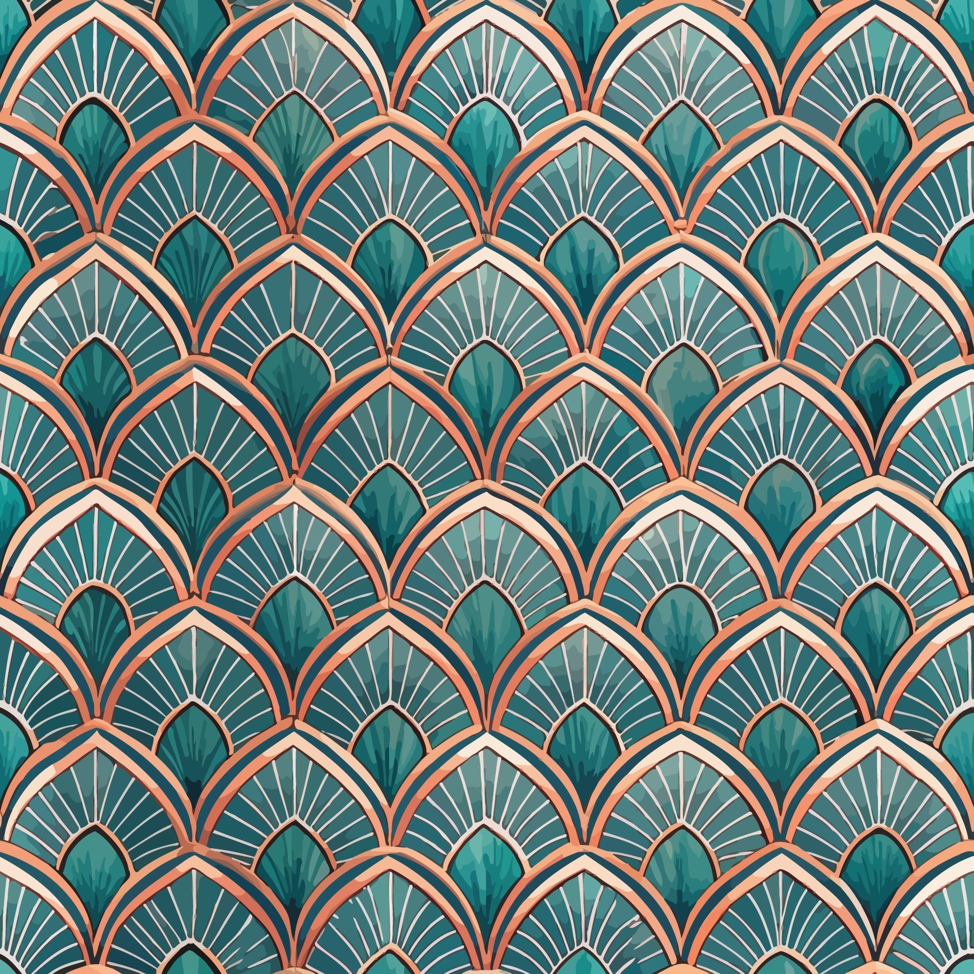 art deco, geometric pattern, fan motifs, scalloped design, teal green, coral orange, peach pink, cream white, repeating pattern, vintage style, ornamental design,, fabric panel, decorative motifs, stylized fans, peacock feathers, sunburst pattern, elegant curves, retro aesthetic