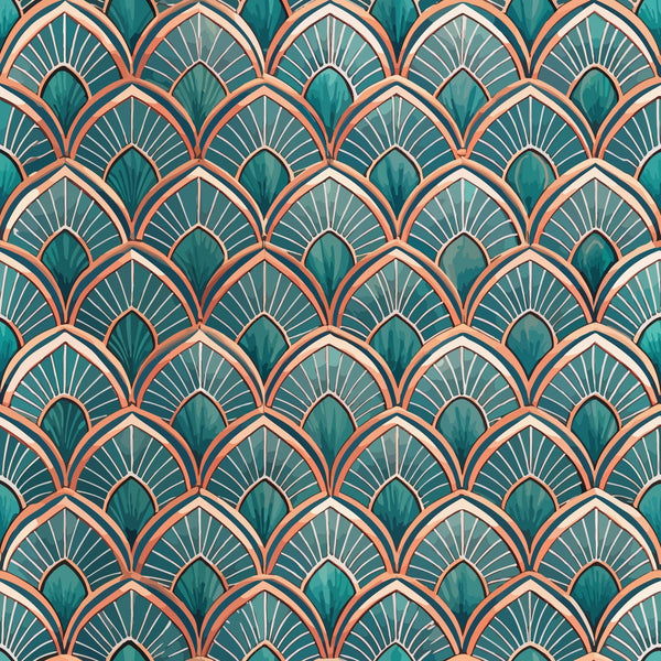 art deco, geometric pattern, fan motifs, scalloped design, teal green, coral orange, peach pink, cream white, repeating pattern, vintage style, ornamental design,, fabric panel, decorative motifs, stylized fans, peacock feathers, sunburst pattern, elegant curves, retro aesthetic
