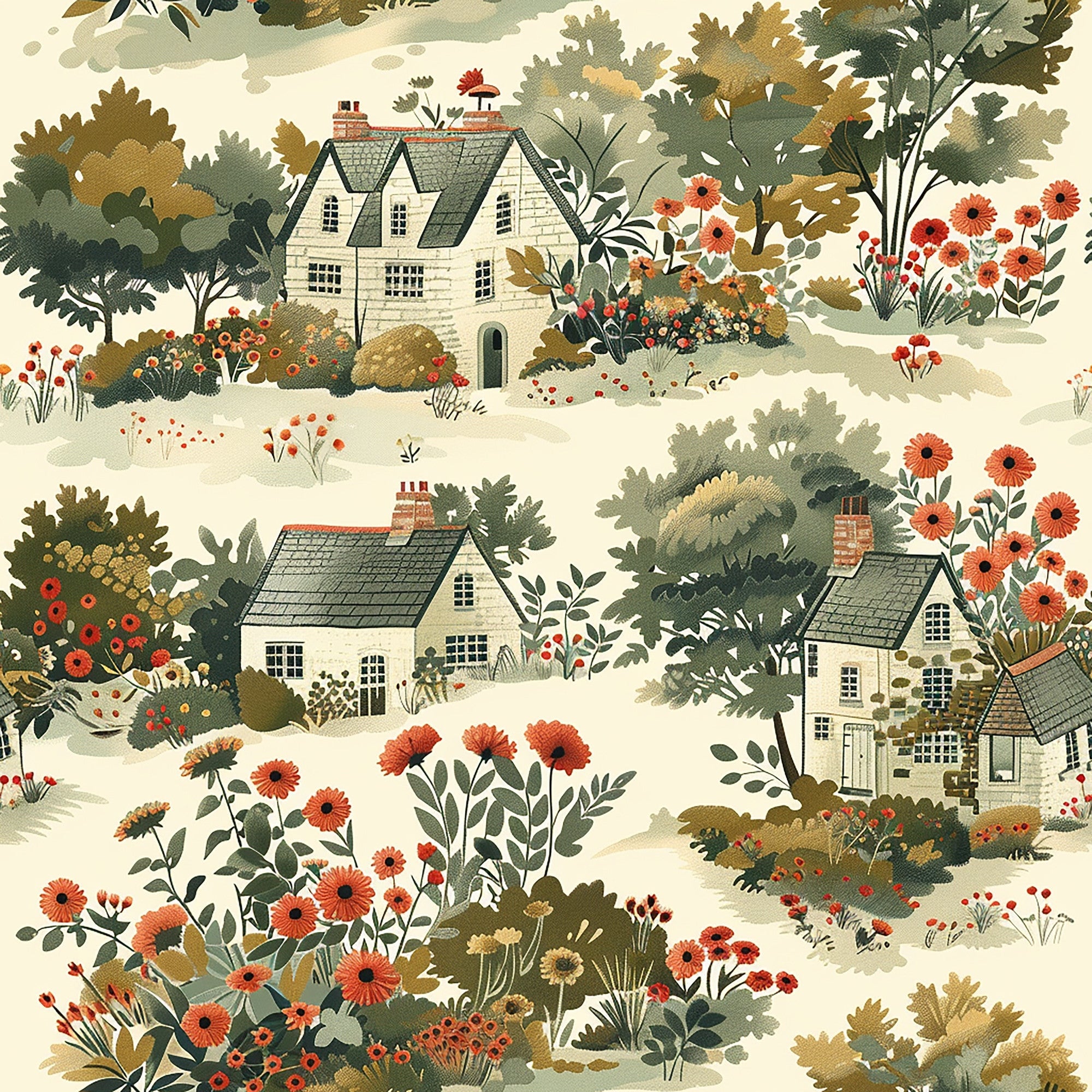 cottagecore,, fabric panel, cream background, sage green, coral orange, autumn colors, cottage houses, wildflowers, botanical illustration, countryside scene, vintage style, floral motifs, trees, gardens, pastoral design, whimsical artwork, nature pattern, rustic charm