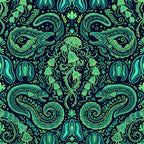 navy blue, neon green, lime green, cyan, bioluminescent, ocean creatures, jellyfish, eels, sea life, nautical, celestial, stars, mystical, whimsical, bohemian, ornate, decorative, nature inspired, underwater, deep sea, glowing, ethereal, magical, fantasy, intricate patterns, dark background, ornamental scrolls, baroque style, elegant, psychedelic