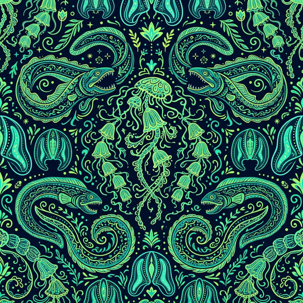 navy blue, neon green, lime green, cyan, bioluminescent, ocean creatures, jellyfish, eels, sea life, nautical, celestial, stars, mystical, whimsical, bohemian, ornate, decorative, nature inspired, underwater, deep sea, glowing, ethereal, magical, fantasy, intricate patterns, dark background, ornamental scrolls, baroque style, elegant, psychedelic