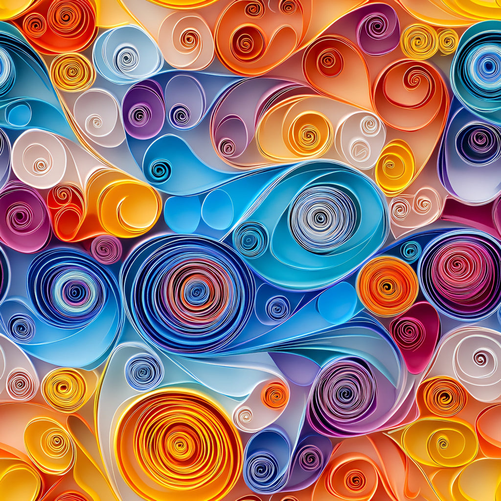 abstract art, paper quilling, swirls, spirals, circular patterns, orange, blue, purple, yellow, pink, teal, vibrant colors, rolled paper, coiled shapes, contemporary design, modern art, geometric circles,, fabric panel, colorful swirls, artistic pattern, dimensional look, craft-inspired