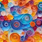 abstract art, paper quilling, swirls, spirals, circular patterns, orange, blue, purple, yellow, pink, teal, vibrant colors, rolled paper, coiled shapes, contemporary design, modern art, geometric circles,, fabric panel, colorful swirls, artistic pattern, dimensional look, craft-inspired