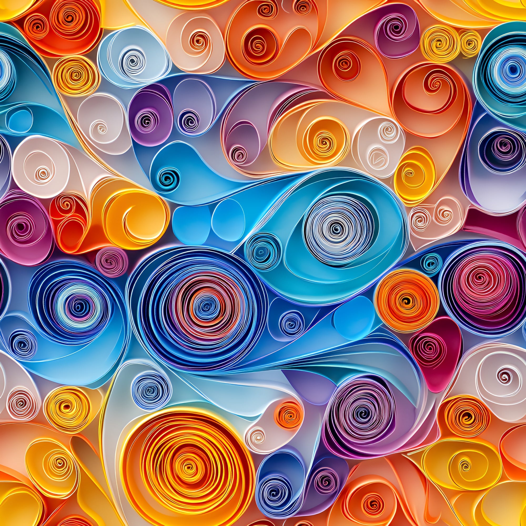 abstract art, paper quilling, swirls, spirals, circular patterns, orange, blue, purple, yellow, pink, teal, vibrant colors, rolled paper, coiled shapes, contemporary design, modern art, geometric circles,, fabric panel, colorful swirls, artistic pattern, dimensional look, craft-inspired