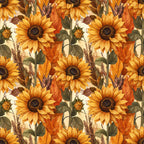 golden yellow, burnt orange, dark brown, cream, sage green, olive green, sunflower, autumn leaves, floral, botanical, nature, farmhouse, vintage, rustic, traditional, elegant, sunflowers, fall foliage, harvest, autumn, seasonal, home decor, patchwork, repeating pattern, warm tones, earth tones, cottage core