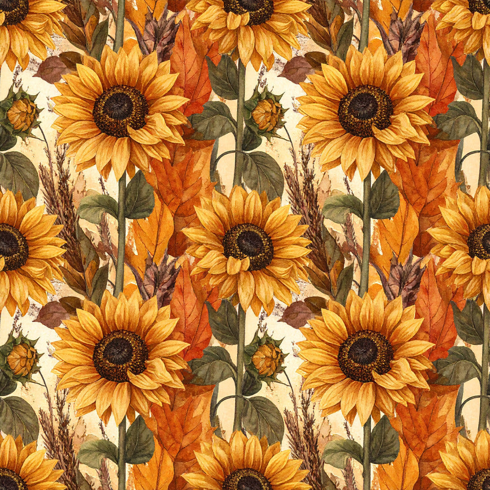 golden yellow, burnt orange, dark brown, cream, sage green, olive green, sunflower, autumn leaves, floral, botanical, nature, farmhouse, vintage, rustic, traditional, elegant, sunflowers, fall foliage, harvest, autumn, seasonal, home decor, patchwork, repeating pattern, warm tones, earth tones, cottage core