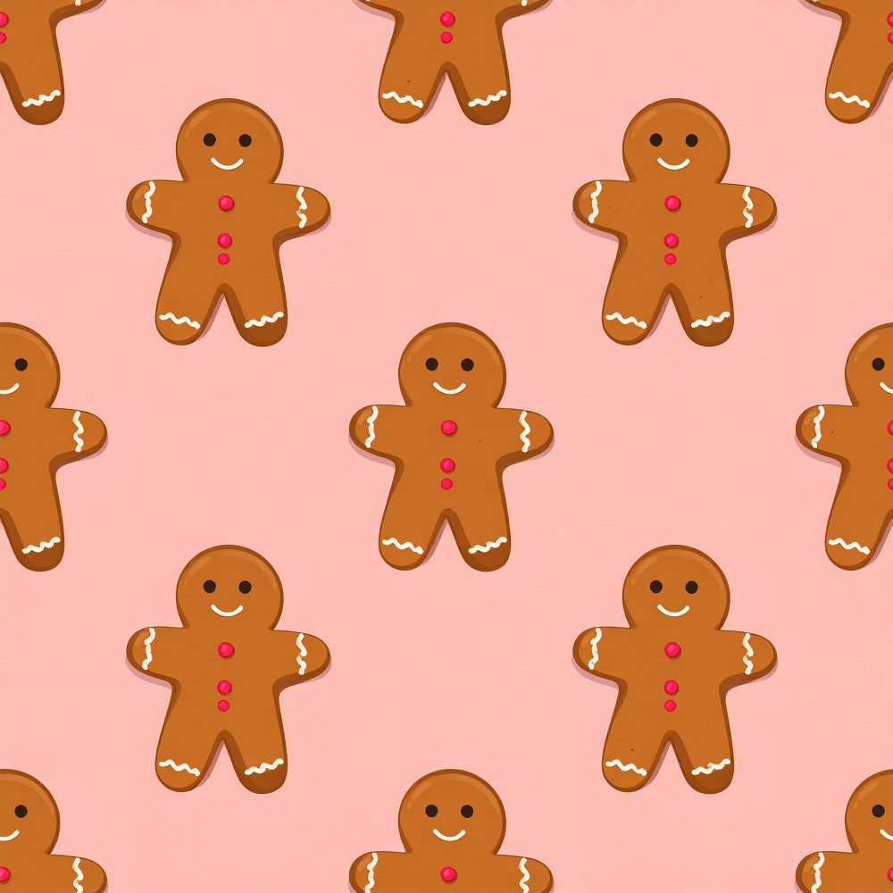 gingerbread man, holiday, christmas, festive, cute characters, whimsical, playful, kids, children, nursery, playroom, baby, blush pink, tan brown, warm tones, cookies, baking, seasonal, winter, sweet treats, smiling faces, red buttons, white icing details, cheerful, fun, retro, nostalgic, kitchen themed