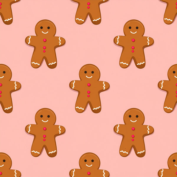 gingerbread man, holiday, christmas, festive, cute characters, whimsical, playful, kids, children, nursery, playroom, baby, blush pink, tan brown, warm tones, cookies, baking, seasonal, winter, sweet treats, smiling faces, red buttons, white icing details, cheerful, fun, retro, nostalgic, kitchen themed