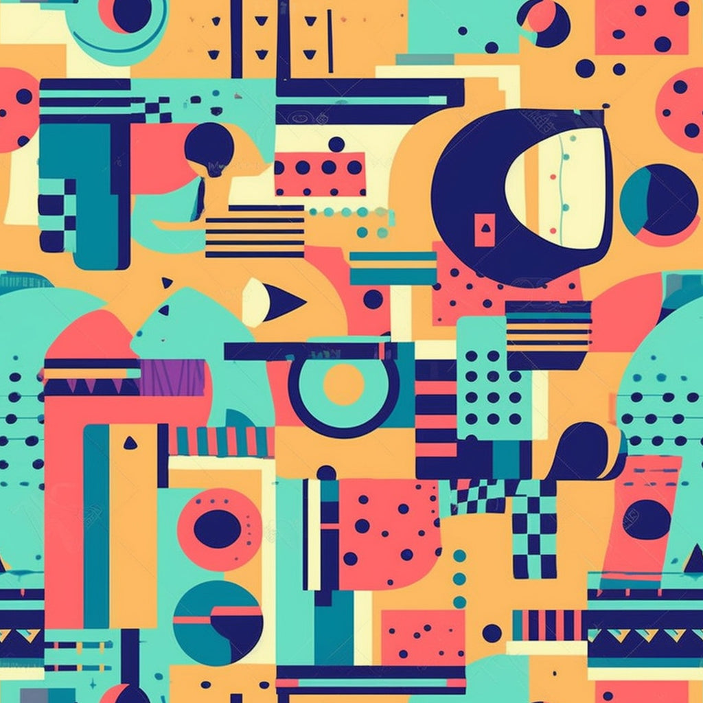 retro geometric, abstract shapes, turquoise, coral pink, navy blue, orange, cream, mid-century modern, circles, rectangles, dots, stripes, triangles, groovy pattern, boho style, hippie design,, fabric panel, psychedelic colors, vintage aesthetic, geometric blocks, funky shapes