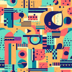 retro geometric, abstract shapes, turquoise, coral pink, navy blue, orange, cream, mid-century modern, circles, rectangles, dots, stripes, triangles, groovy pattern, boho style, hippie design,, fabric panel, psychedelic colors, vintage aesthetic, geometric blocks, funky shapes