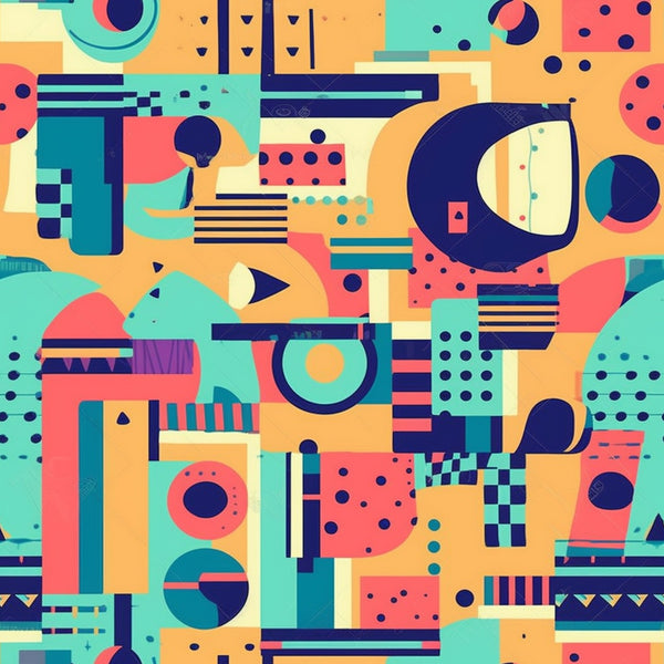 retro geometric, abstract shapes, turquoise, coral pink, navy blue, orange, cream, mid-century modern, circles, rectangles, dots, stripes, triangles, groovy pattern, boho style, hippie design,, fabric panel, psychedelic colors, vintage aesthetic, geometric blocks, funky shapes