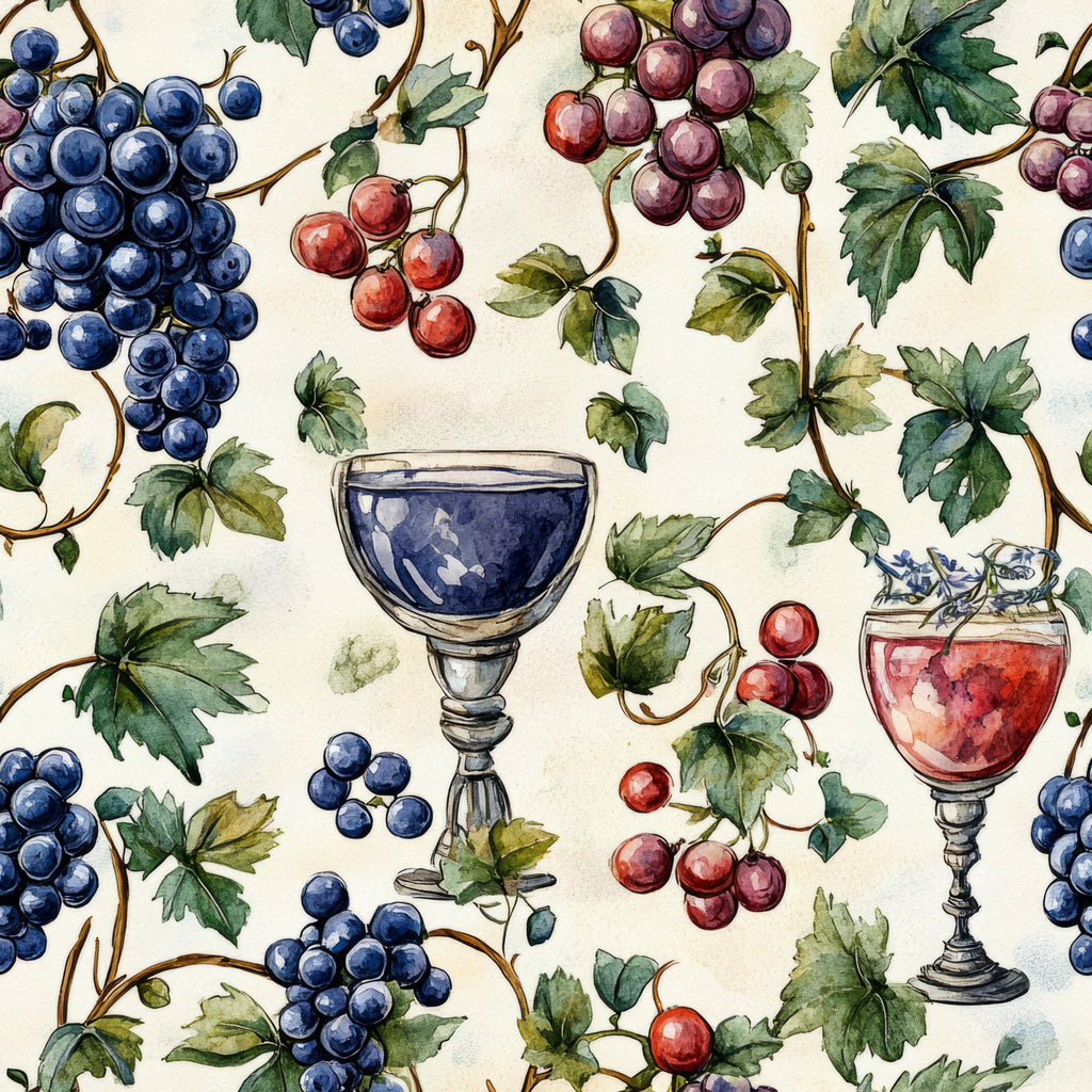 navy blue, burgundy, deep red, green leaves, grape clusters, wine glasses, vineyard theme, botanical pattern, watercolor style,, fabric panel, wine country, grapevines, stemware, fruit motifs, cream background, vintner theme, wine harvest, artistic illustration, repeating pattern