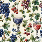navy blue, burgundy, deep red, green leaves, grape clusters, wine glasses, vineyard theme, botanical pattern, watercolor style,, fabric panel, wine country, grapevines, stemware, fruit motifs, cream background, vintner theme, wine harvest, artistic illustration, repeating pattern
